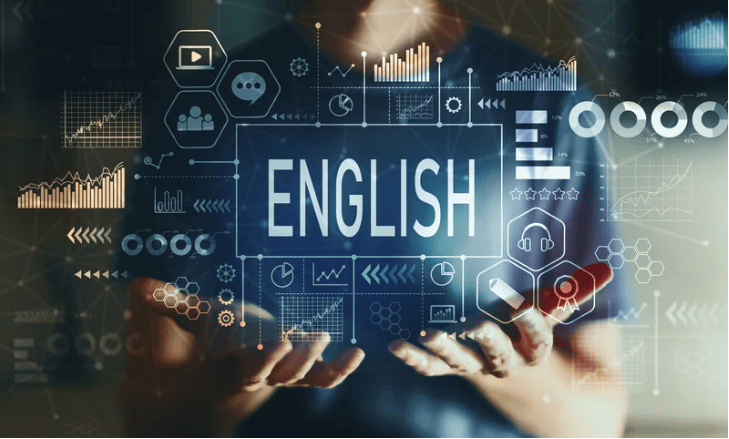 Unas manos sujetando una proyección holográfica que muestra la palabra "inglés", junto a varios gráficos e iconos.
