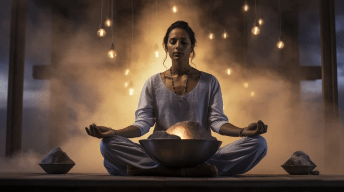 Una joven en pose de meditación con luces flotantes iluminándola.