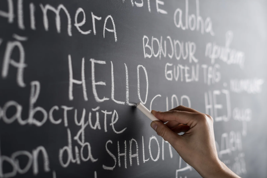 Una mano sujetando una tiza, escribiendo en la pizarra "hola" en diferentes idiomas.